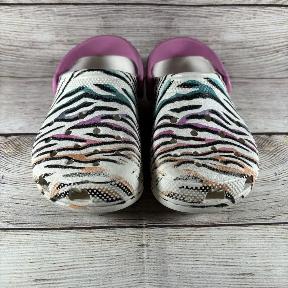 Crocs Classic Kids Size J2 Animal Zebra Glitter Clogs